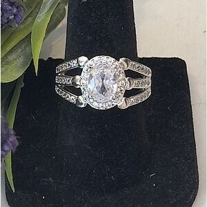 Large Oval CZ In Halo Silver Tone Setting Statement Ring